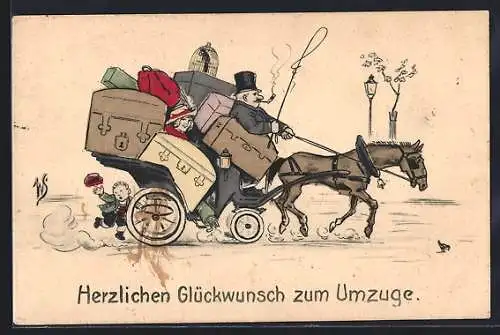 Künstler-AK Willi Scheuermann: Überladene Kutsche, Glückwunsch zum Umzuge