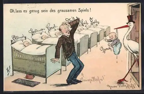 Künstler-AK Willi Scheuermann: Vielfacher Vater wird nochmals vom Storch beschenkt
