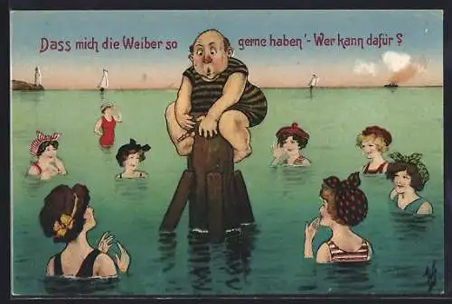 Künstler-AK Willi Scheuermann: Nichtschwimmer klammert sich an Poller und wird von Damen umringt