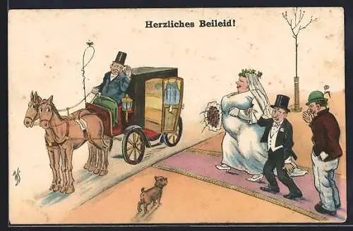 Künstler-AK Willi Scheuermann: Herzliches Beileid, Hochzeit mit dicker Braut