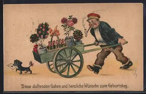 Künstler-AK Willi Scheuermann: Expressbote mit Geschenke-Schubkarre, Geburtstagsgruss