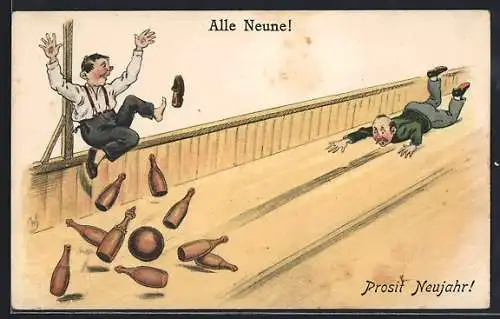 Künstler-AK Willi Scheuermann: Alle Neune!, Turbulente Kegelszene, Neujahrsgruss