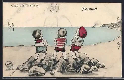 Künstler-AK Willi Scheuermann: Wannsee, Höhenrecord, Kleine Stehpinkler