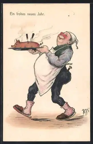 Künstler-AK Willi Scheuermann: Wirt mit Schweinebraten-Tablett, Neujahrsgruss