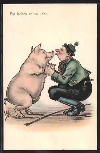 Künstler-AK Willi Scheuermann: Trachtenträger und Schwein beim Kuss, Neujahrsgruss