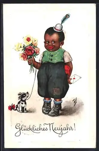 Künstler-AK Willi Scheuermann: Kleiner Afrikaner mit Blumen, Brief und Hund, Neujahrsgruss