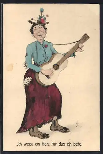 Künstler-AK Willi Scheuermann: Landstreicherin mit Gitarre bei einer Darbietung
