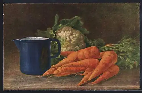 Künstler-AK Blumenkohl, Möhren und eine blaue Karaffe