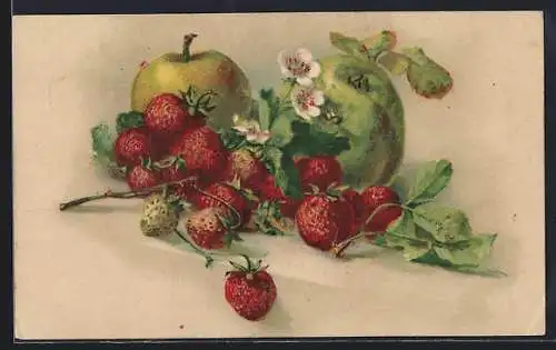 Künstler-AK Erdbeeren und zwei Äpfel