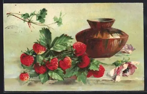 Künstler-AK Erdbeeren und eine Vase