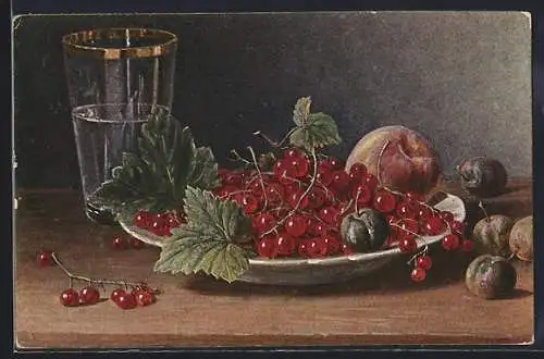 Künstler-AK Pflaumen, Pfirsich, Johannisbeeren und ein Glas Wasser