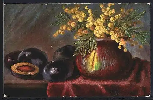 Künstler-AK Pflaumen mit Blumenvase
