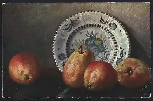 Künstler-AK Birnen vor einem Teller