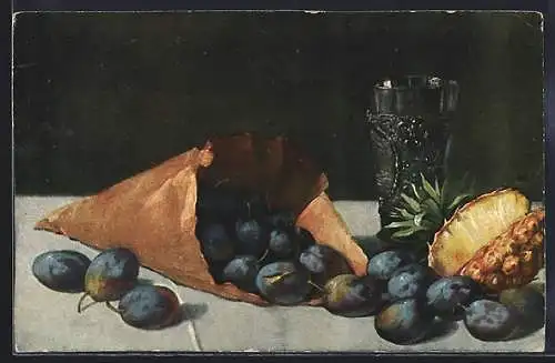 AK Pflaumen in einer Tüte und eine aufgeschnittene Ananas