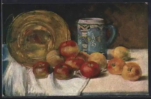 Künstler-AK Äpfel mit Krug und Schale