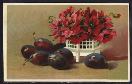 Künstler-AK Stilleben mit Pflaumen und Mohnblumen