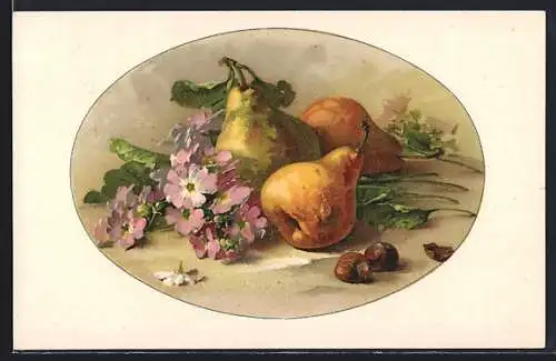 Künstler-AK Stilleben mit Birnen, Haselnüssen und Blumen