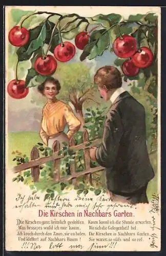 Künstler-AK Mann und Frau sehen sich über einen Zaun an, Kirschen in Nachbars Garten