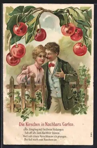 Künstler-AK Paar umarmt sich unter einem Kirschbaum, Die Kirschen in Nachbars Garten