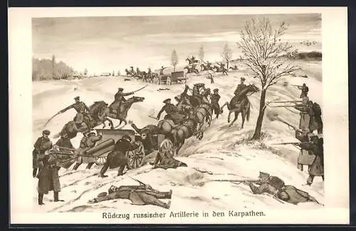 Künstler-AK Rückzug russischer Artillerie in den Karpathen