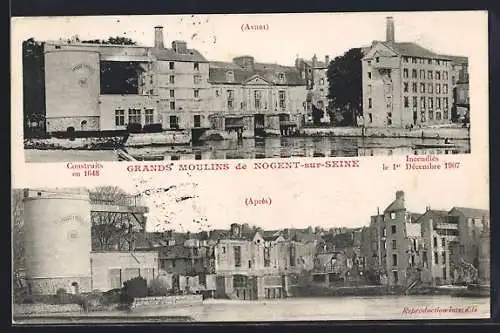 AK Nogent-sur-Seine, Grands Moulins avant et après l`incendie du 1er décembre 1907