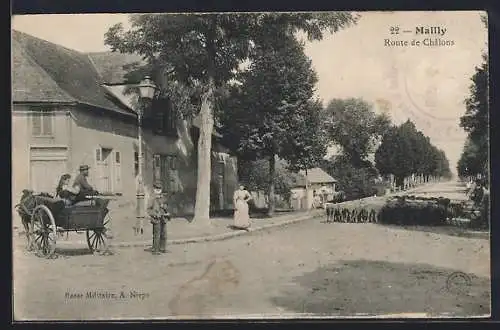 AK Mailly, Route de Châlons avec charrette et troupeau de moutons