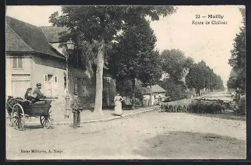 AK Mailly, Route de Châlons avec troupeau de moutons et charrette à cheval