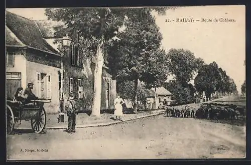AK Mailly, Route de Châlons avec troupeau et charrette