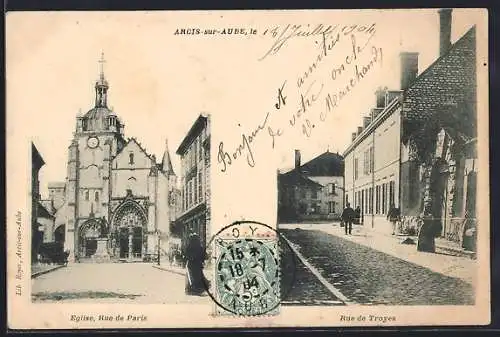 AK Arcis-sur-Aube, Église Rue de Paris et Rue de Troyes animée
