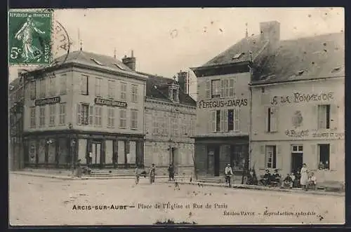 AK Arcis-sur-Aube, Place de l`Église et Rue de Paris
