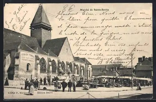 AK Sainte-Savine, Scène animée du marché avec église en arrière-plan