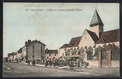 AK Sainte-Savine, L`Hôtel des Postes, le Marché, l`Église
