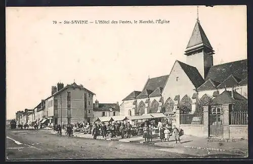 AK Sainte-Savine, L`Hôtel des Postes, le Marché, l`Église