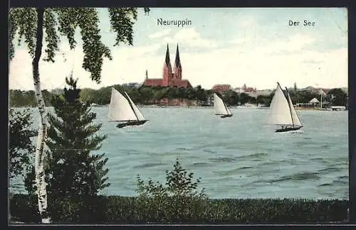 AK Neuruppin, See mit Segelbooten und Kirche