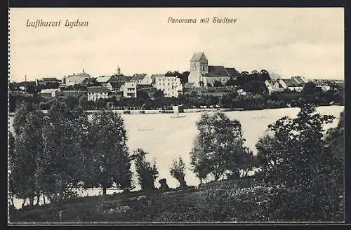 AK Lychen, Teilansicht mit Kirche und Stadtsee