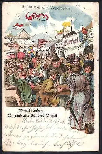 Lithographie Dresden, Vogelwiese, Bierhalle, Wunder der Dressur