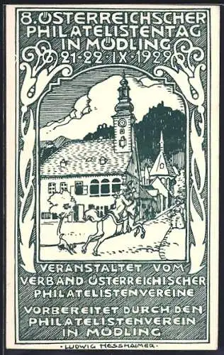 Künstler-AK Mödling, 8. Österreichischer Philatelistentag 1929, Reiter am Rathaus Österreich