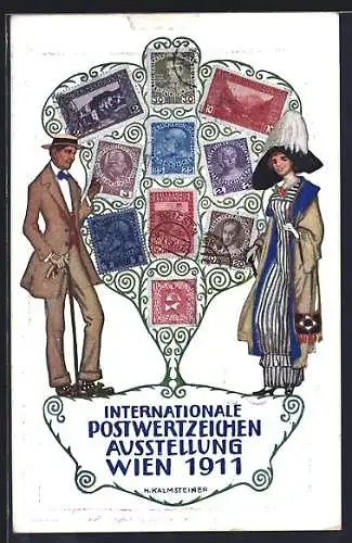 Künstler-AK H. Kalmsteiner: Wien, Internationale Postwertzeichen-Ausstellung 1911, Paar mit Briefmarken