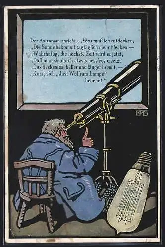 Künstler-AK Reklame für Just Wolfram Lampe