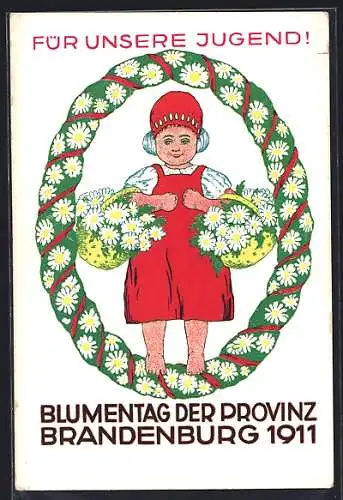 AK Brandenburg / Havel, Blumentag der Provinz 1911, Für Unsere Jugend!, Mädchen im Kranz