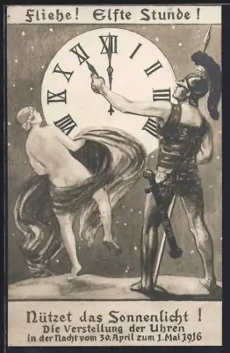 AK Fliehe! Elfte Stunde!, Die Verstellung der Uhren vom 30.4. zum 1.5.1916