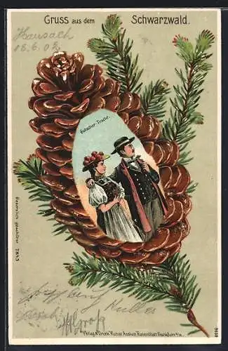 Passepartout-Lithographie Schwarzwald, Paar trägt Gutacher-Tracht, Tannenzapfen