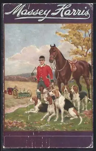 AK Reklame für Massey Harris, Jäger mit Pferd und Hunden, Traktor