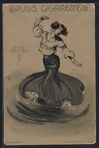 Künstler-AK sign. Otto Soltau: Reklame für Bruns Cigaretten, Flamenco-Tänzerin