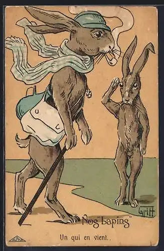 Künstler-AK Griff: Hase als Soldat