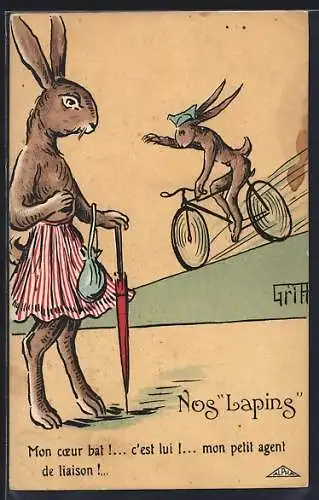 Künstler-AK Griff: Hase als Soldat auf einem Fahrrad