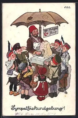 Künstler-AK P.O.Engelhard (P.O.E.): Sympathiekundgebung, Händler verteilt türkischen Honig an Kinder anderer Länder