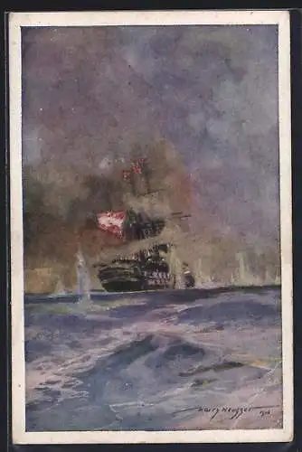 Künstler-AK Harry Heusser: Lissa, Seeschlacht mit dem Kriegsschiff S.M.S. Kaiser