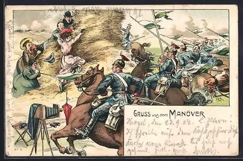 Lithographie Kaisermanöver unterbricht einen Fotografen, Fotoapparat