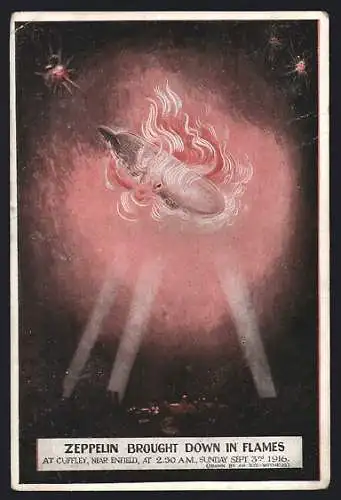 Künstler-AK Cuffley, Zeppelin brought down in Flames